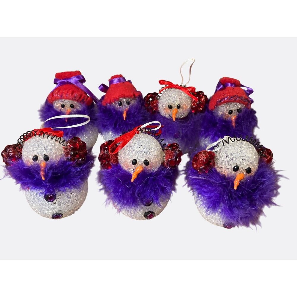 Snowmen Snow Ladies Christmas Decor With Purple Feathers and Red Accents